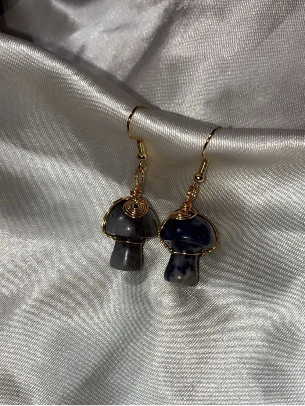 Gold Wire-Wrapped Mushroom Drop Earrings in Blue and Gray